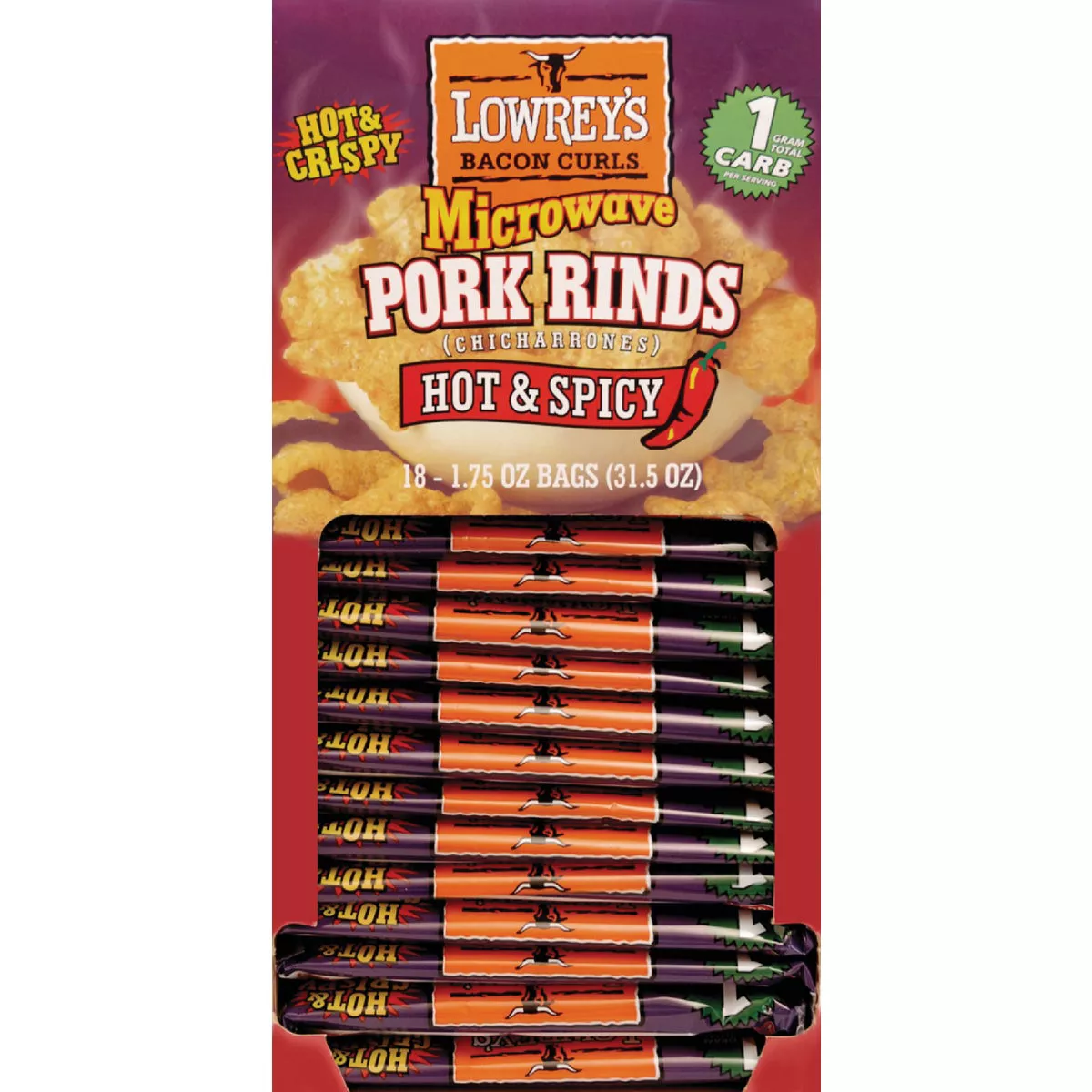 Lowrey's Bacon Curls 1.75 Oz. Hot & Spicy Pork Rinds