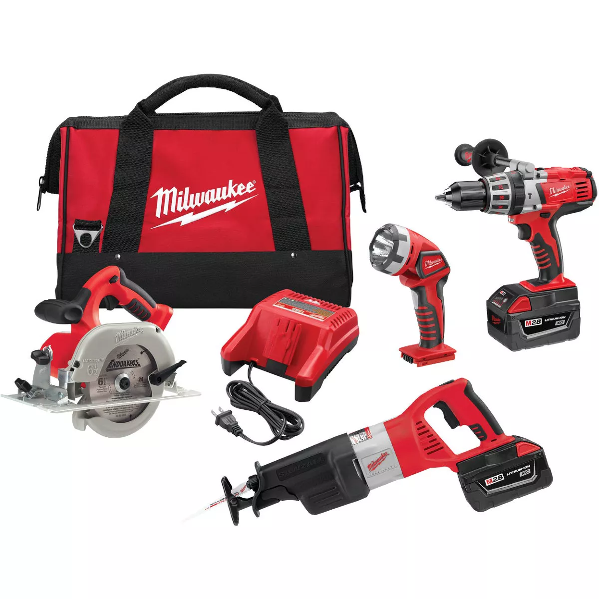 Milwaukee 4-Tool M28 Lithium-Ion Drill/Driver, Reciprocating Saw, Circular Saw & Work Light Cordless Tool Combo Kit