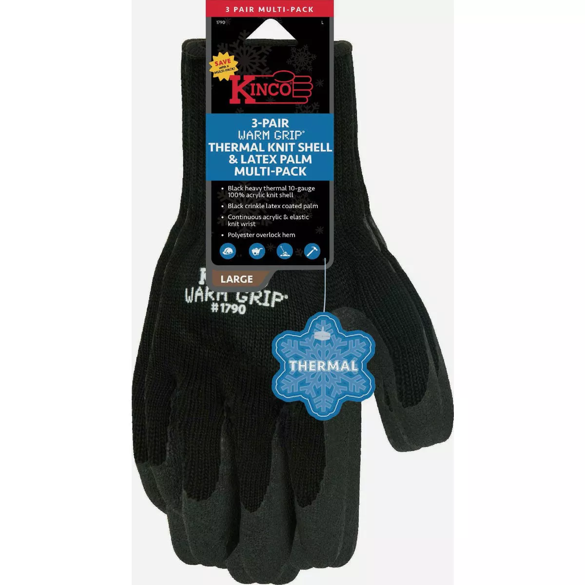 Kinco Men's Large Warm Grip Thermal Knit Shell & Latex Palm Glove, (3-Pack)