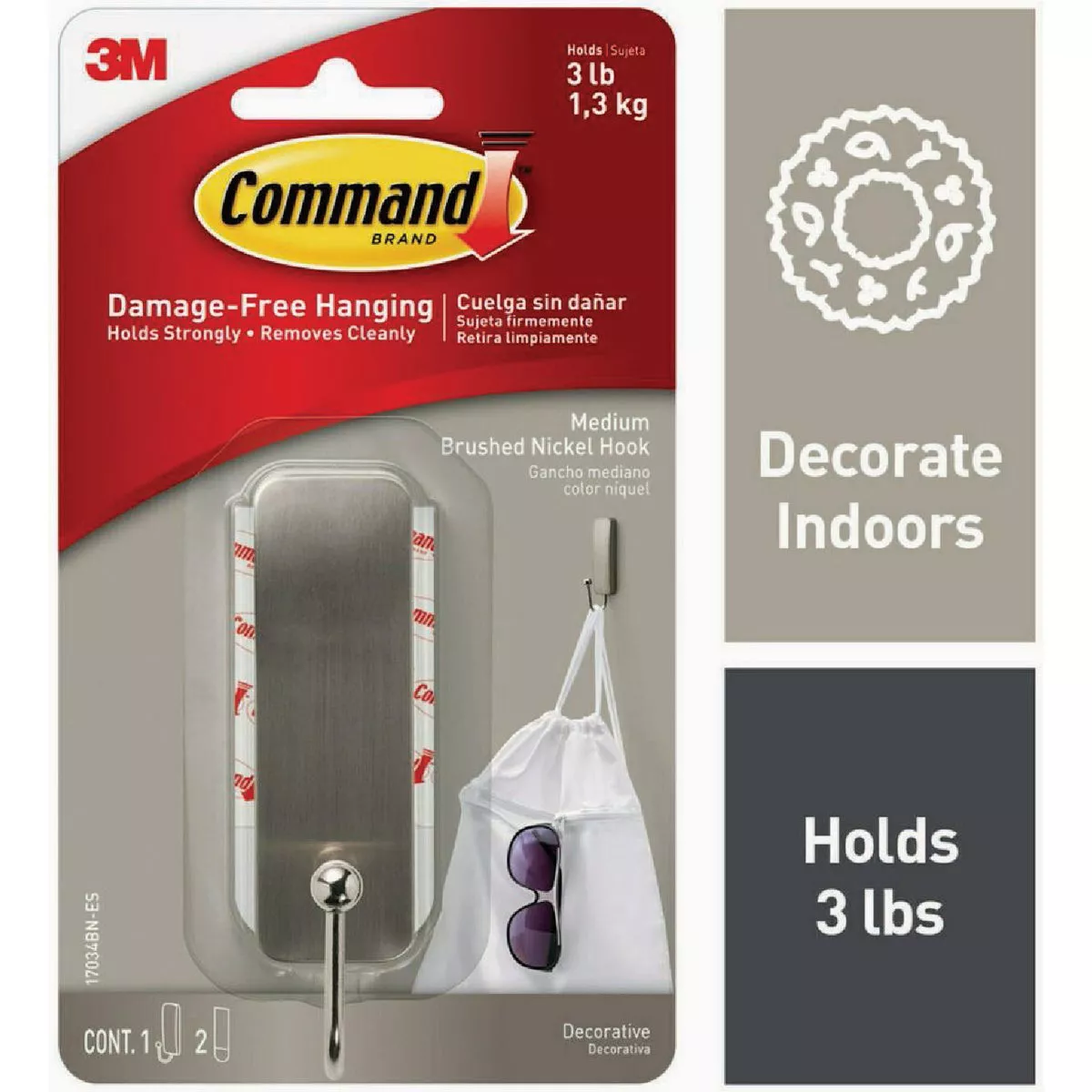 Command Medium Brushed Nickel Hook - 1 Hook, 2 Strip