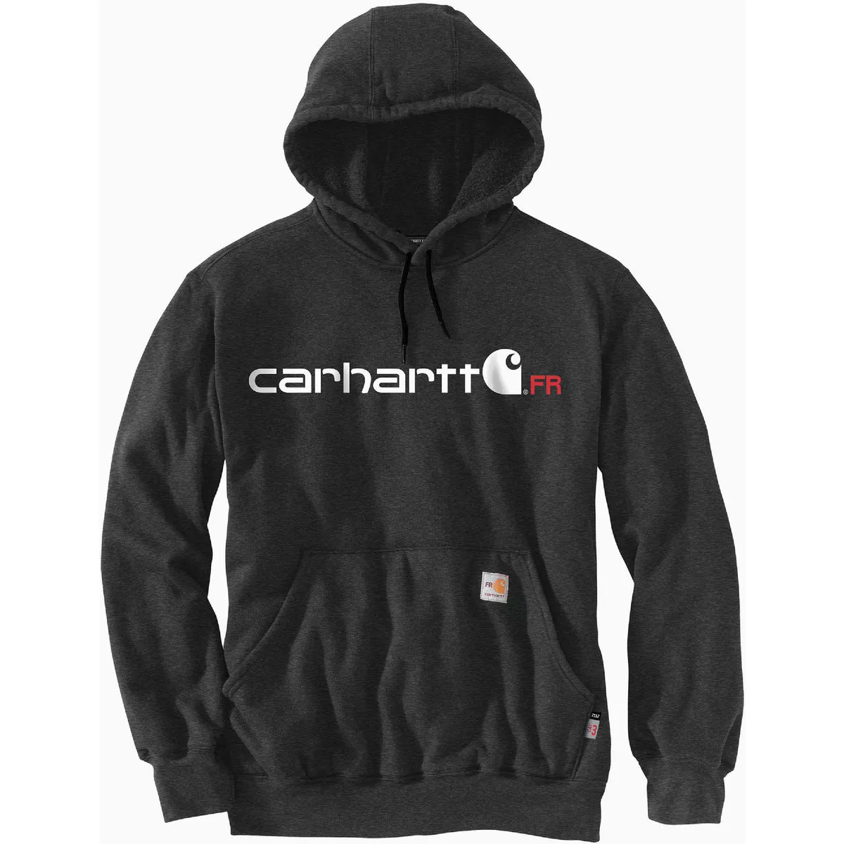 Carhartt Force Men's Medium Regular Black Heather Flame-Resistant Midweight Signature Logo Graphic Pullover Hooded Sweatshirt, Loose Fit