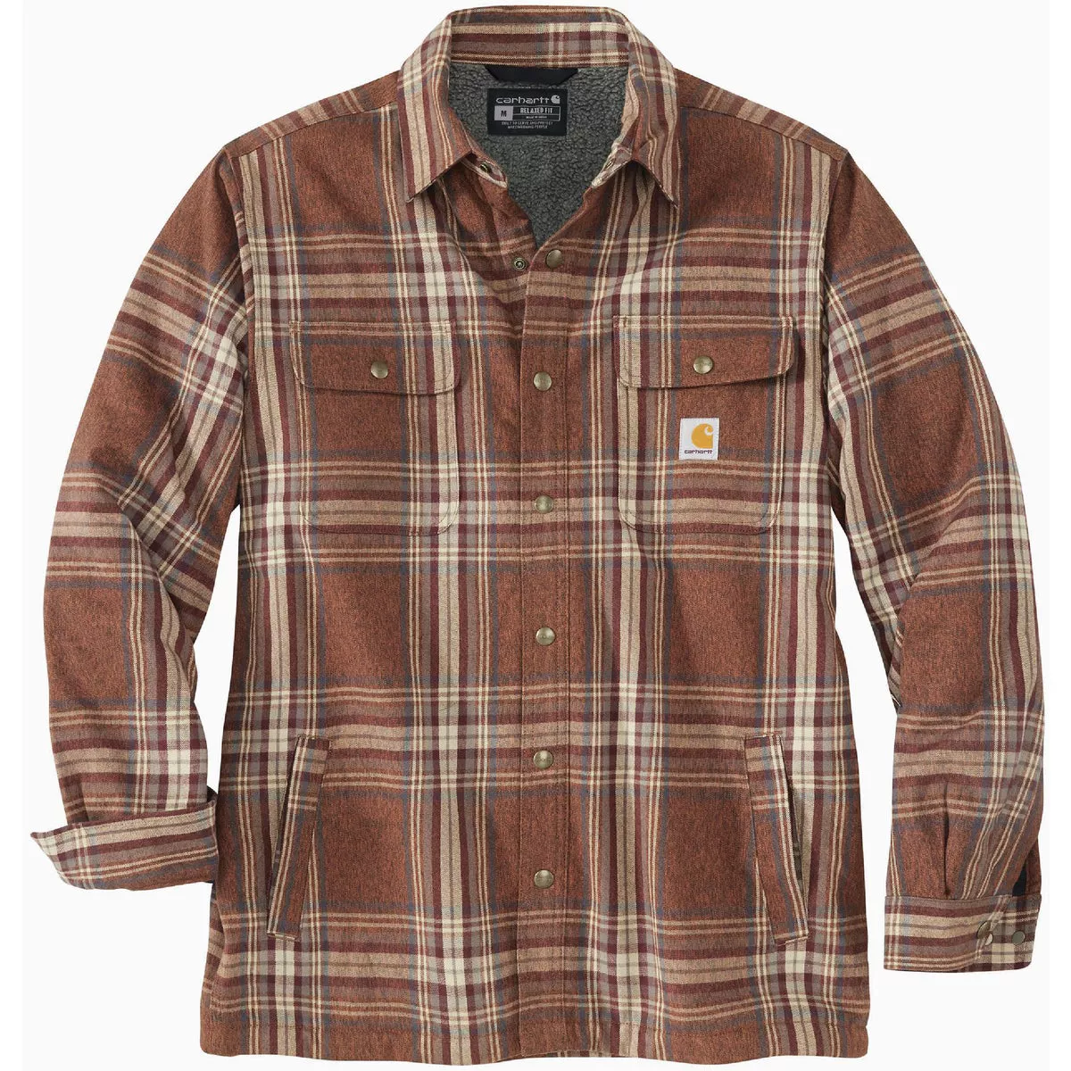 Carhartt Men's Medium Regular Burnt Sienna Flannel Sherpa-Lined Shirt Jacket, Relaxed Fit