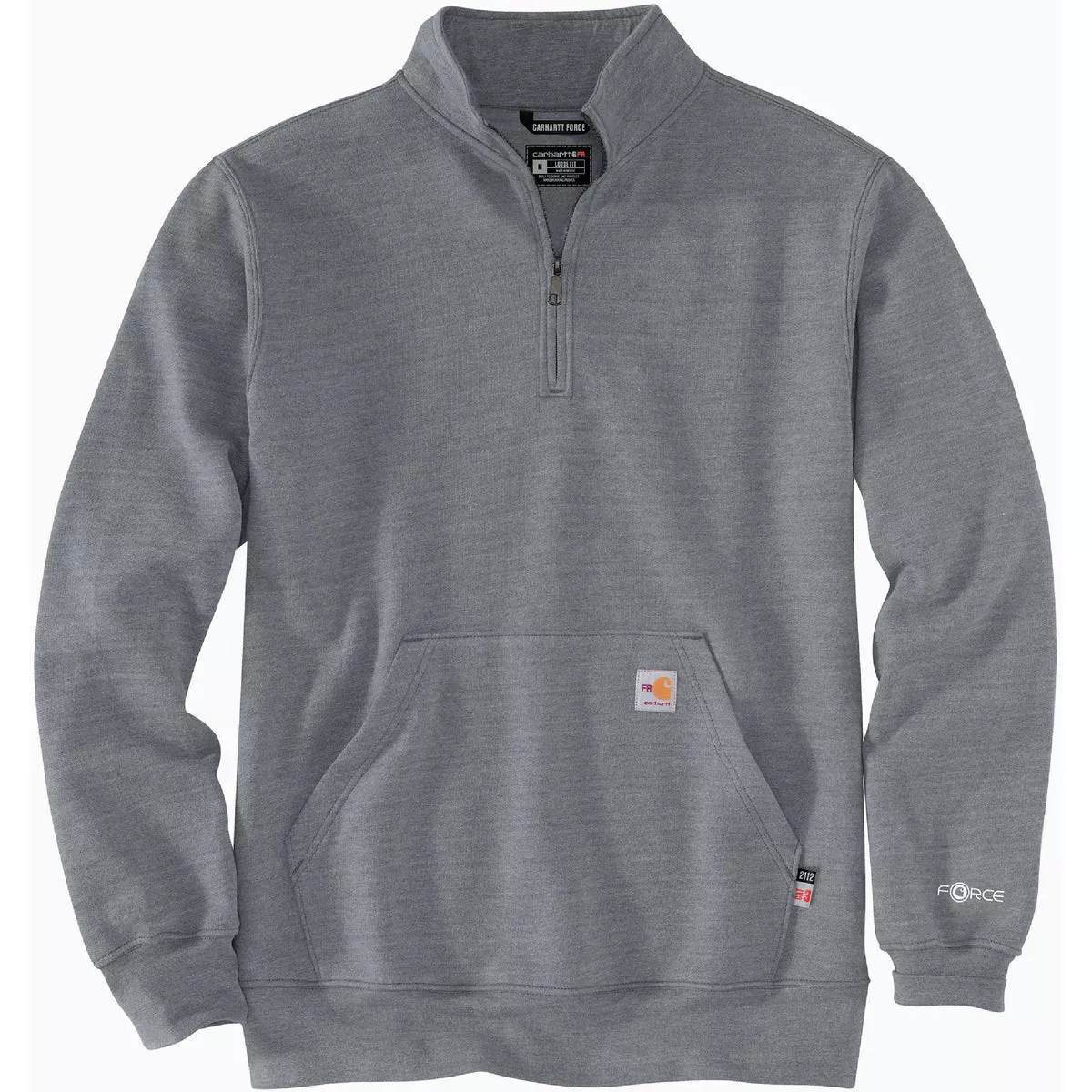 Carhartt Force Men's Large Regular Granite Heather Flame Resistant Midweight Mock Neck Quarter Zip Sweatshirt, Loose Fit