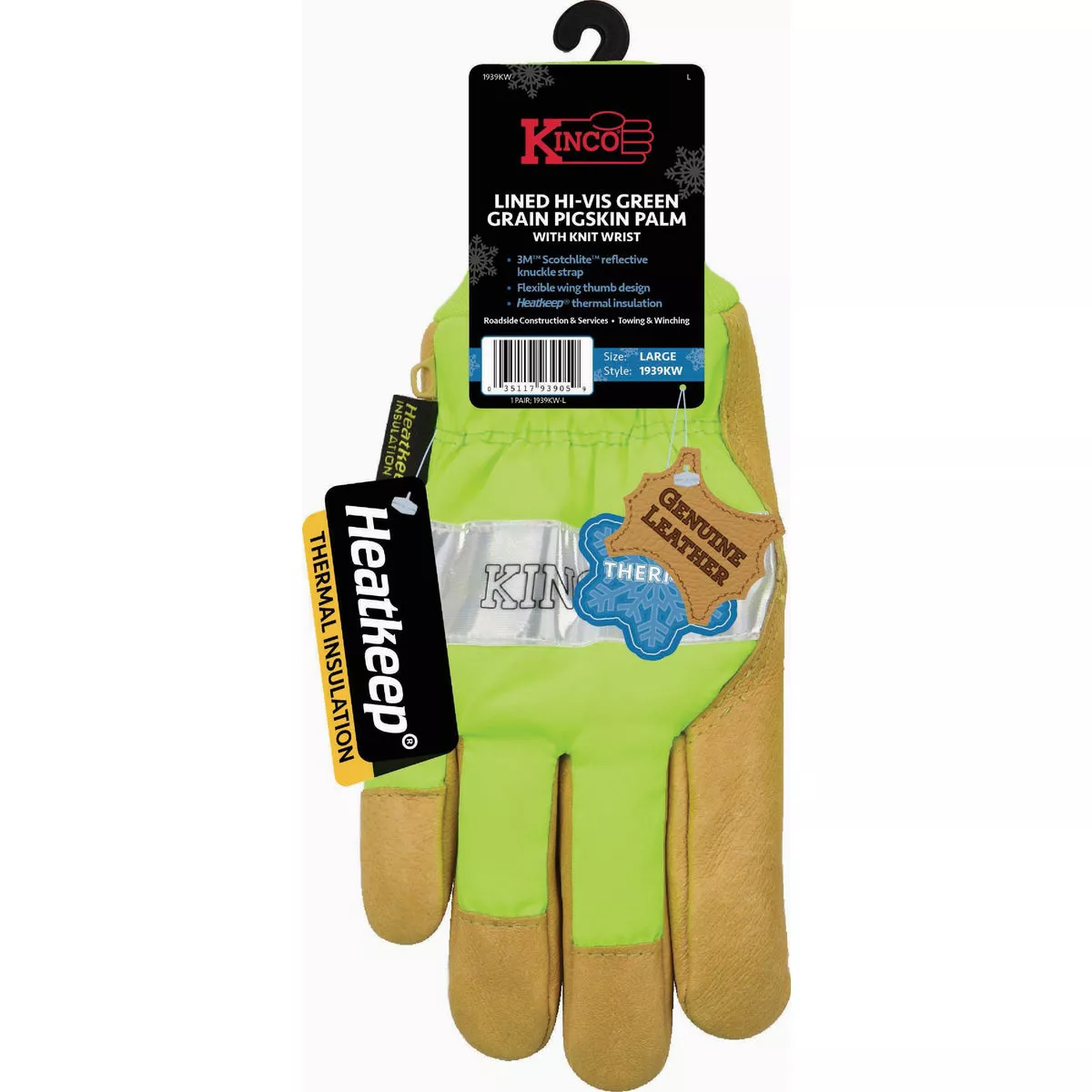 Kinco Men's Large Lined Hi-Vis Green Grain Pigskin Palm Glove with Knit Wrist