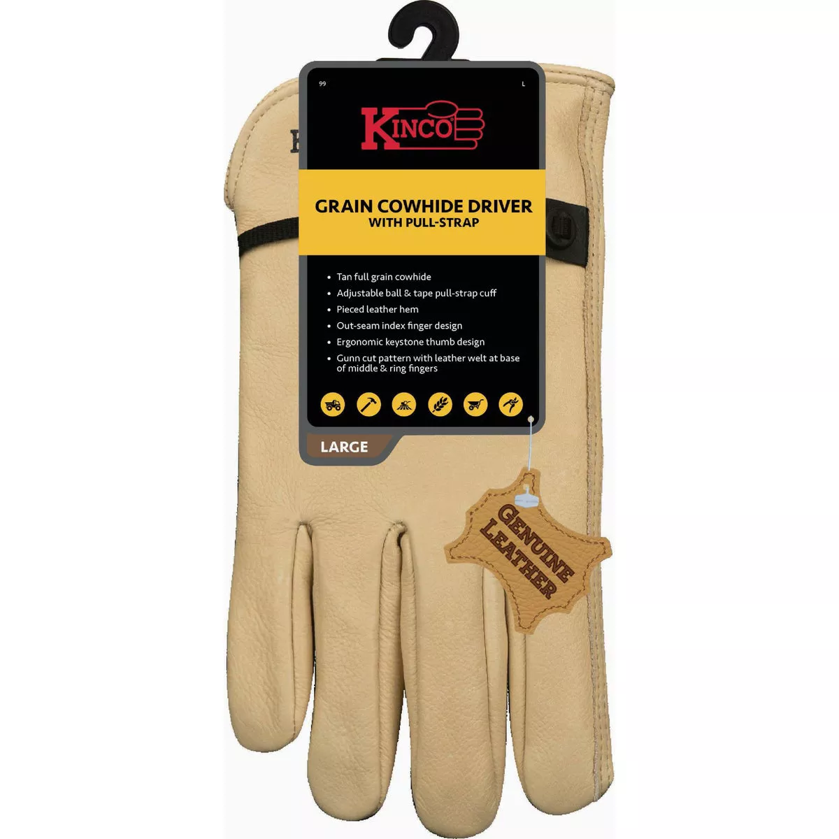 Kinco Men's Large Grain Cowhide Driver Glove with Pull-Strap