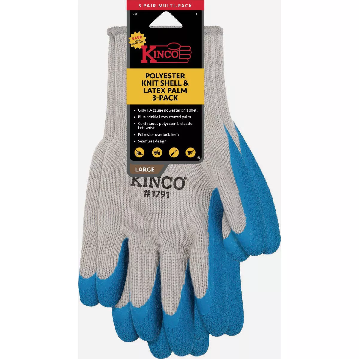 Kinco Men's Large Polyester Knit Shell & Latex Palm Glove, (3-Pack)