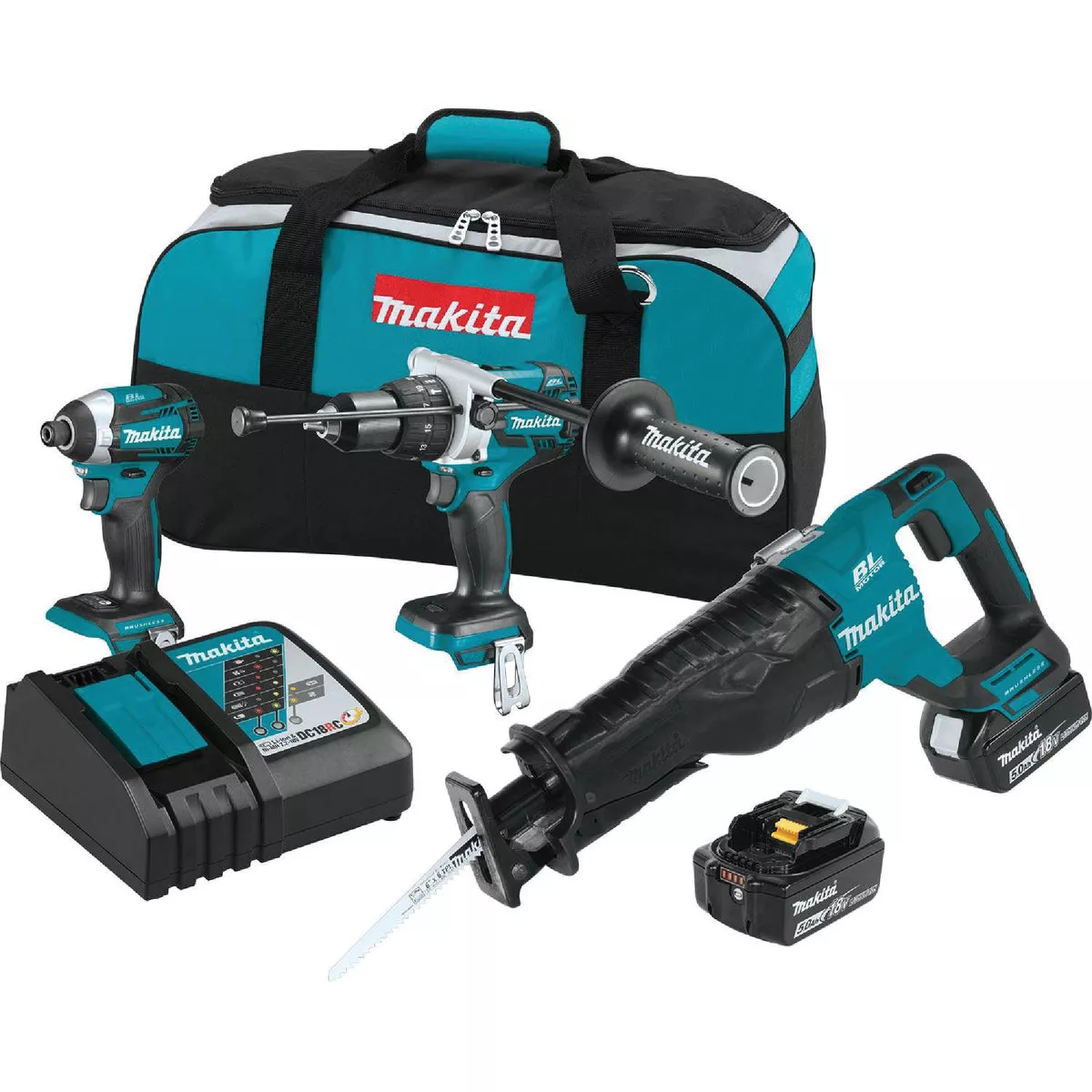 Makita 18V LXT Lithium-Ion 5.0 Ah Brushless Hammer Drill, Impact Driver & Reciprocating Saw Cordless Tool Combo Kit